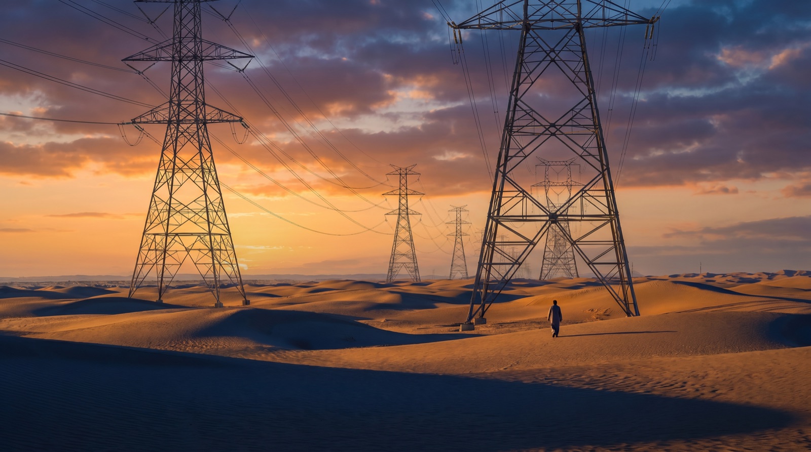 أبراج نقلٍ عالية الجهد عبر الصحراء السعودية