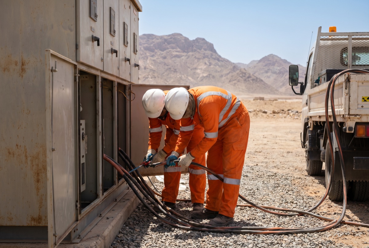 فنّيون ميدانيون بمعدّات الوقاية يعملون على مفاتيح الجهد المتوسّط في الموقع.